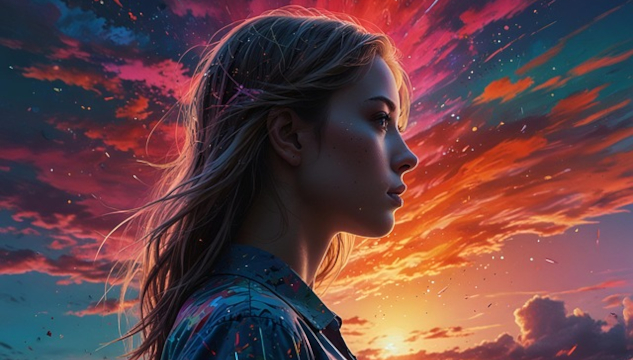 Woman looking out into a sky that's red and blue.  Image by Mateo Díaz from Pixabay.&nbsp;